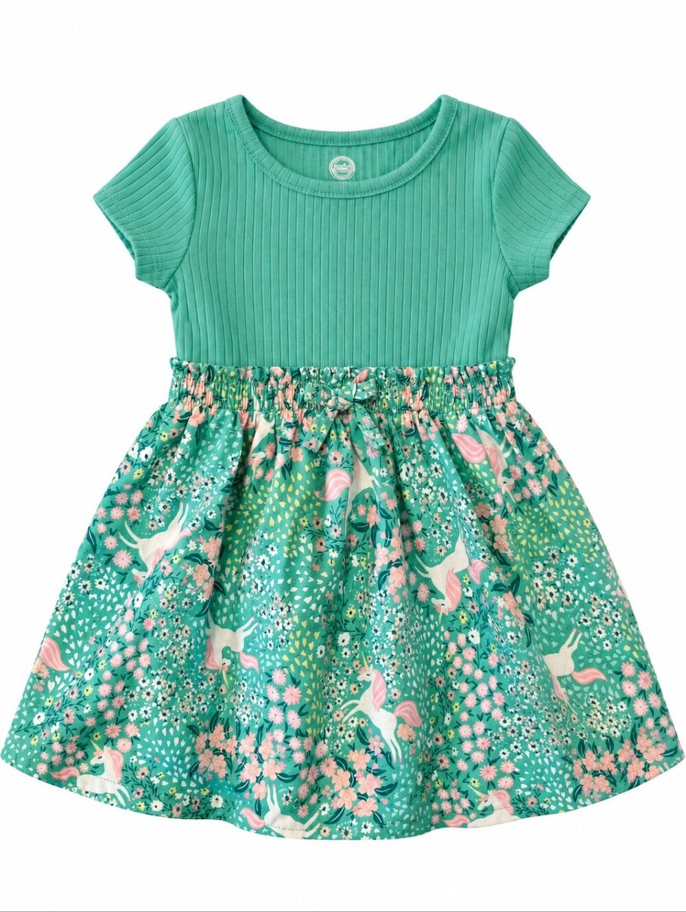 Wonder Nation Girls 2T Green Unicorn Floral Ribbed Short Sleeve Dress